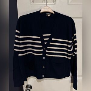 JCrew navy and white striped cashmere boxy cardigan